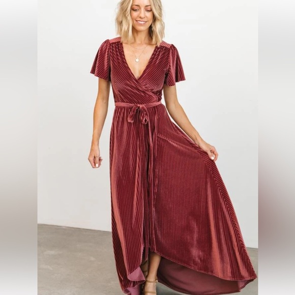 NWT Baltic Born Ribbed Velvet Short Sleeve True Wrap Maxi Dress Size M Dark Rose - Picture 3 of 6
